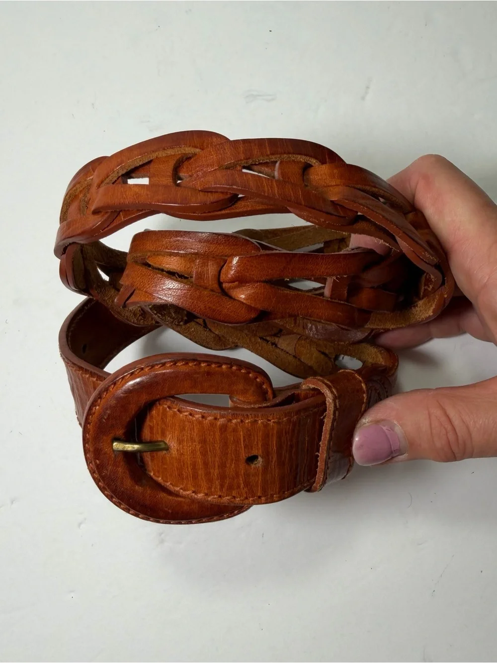 Vintage 90s Cognac Brown Leather Interlocking Puzzle Link Belt Women L /XL Boho
